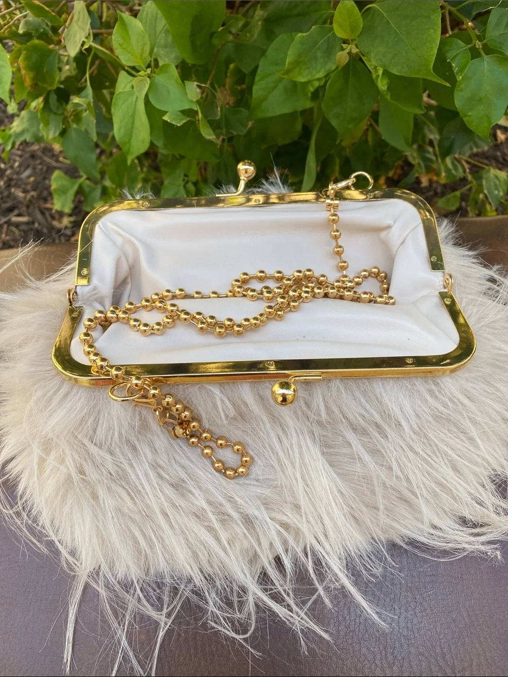 Faux Fur Beige Evening Clutch with Gold Chain
